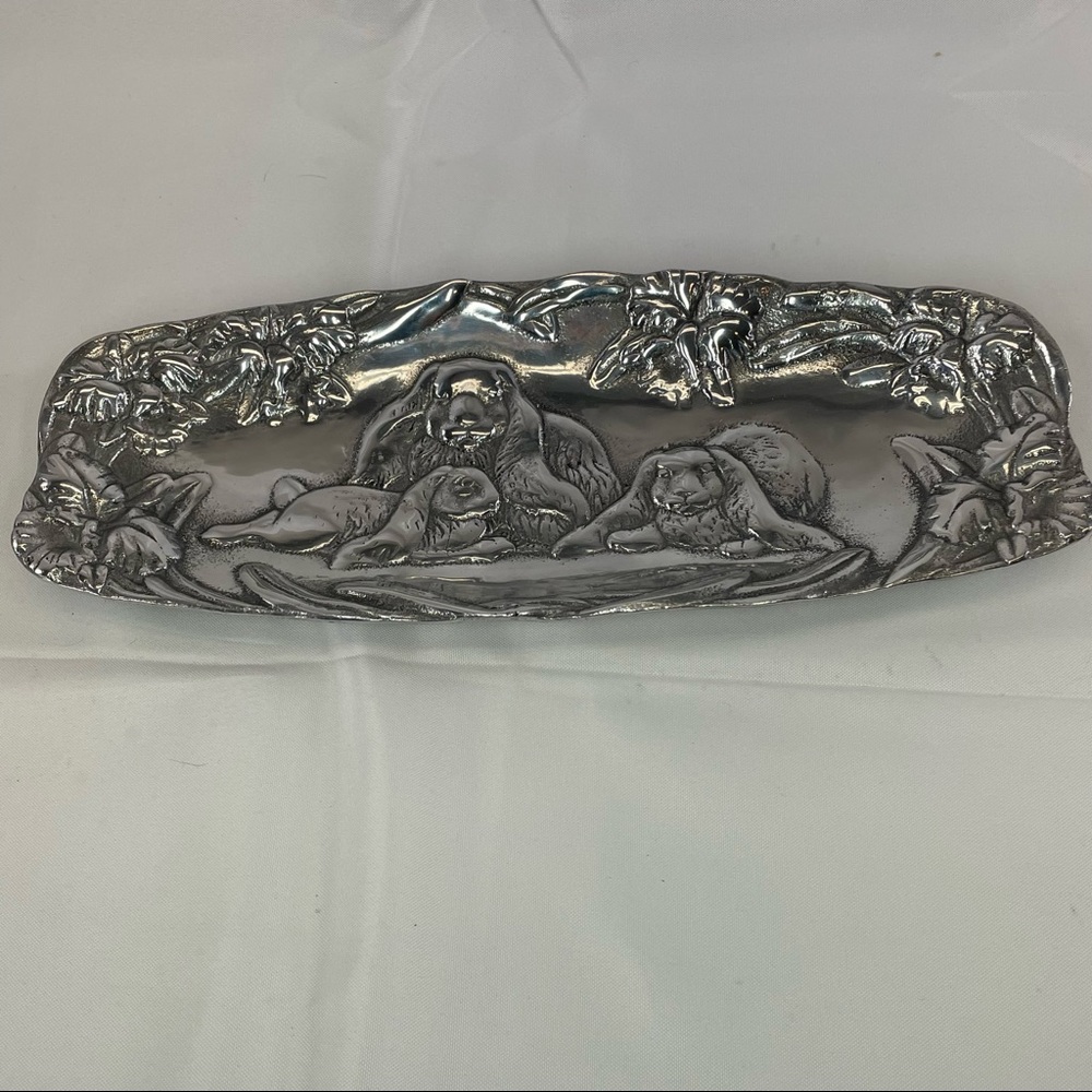 Floppy Ear Rabbits and Iris Flowers Pewter Tray 14/5.5